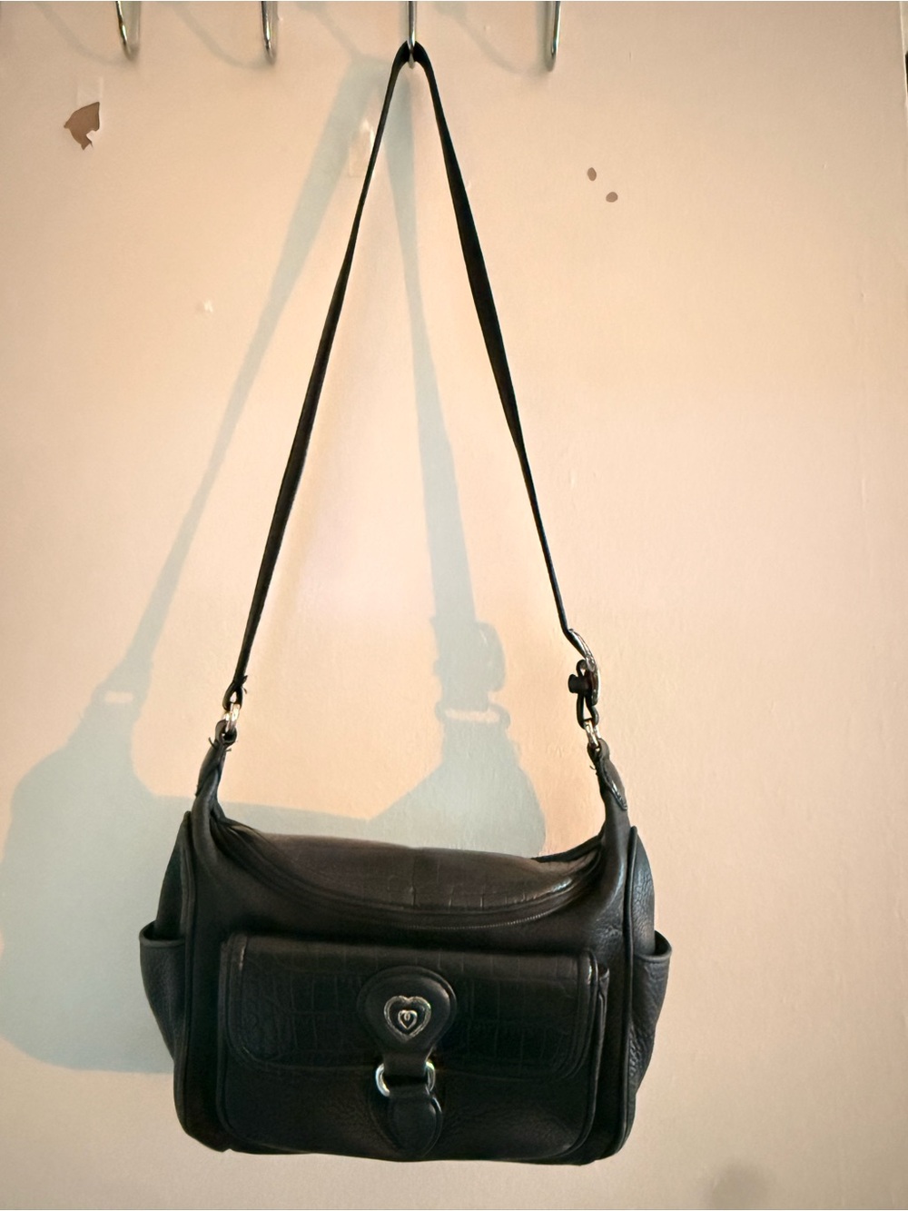 Black Leather Shoulder Bag with Front Pocket